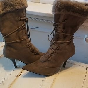 Grey faux suede heeled boots